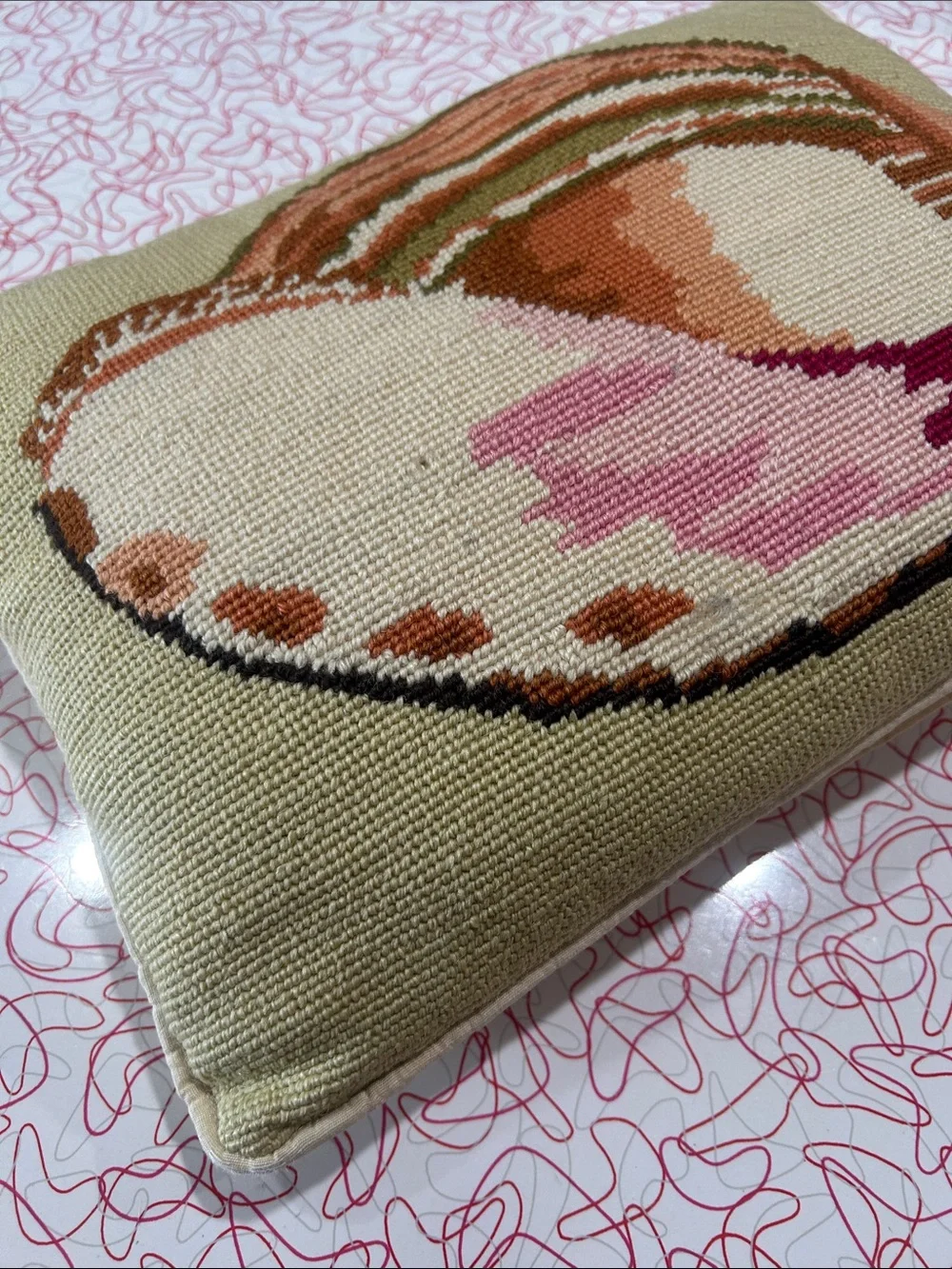 Coastal Needlepoint Seashell Throw Pillow in Beige, Pink & Brown